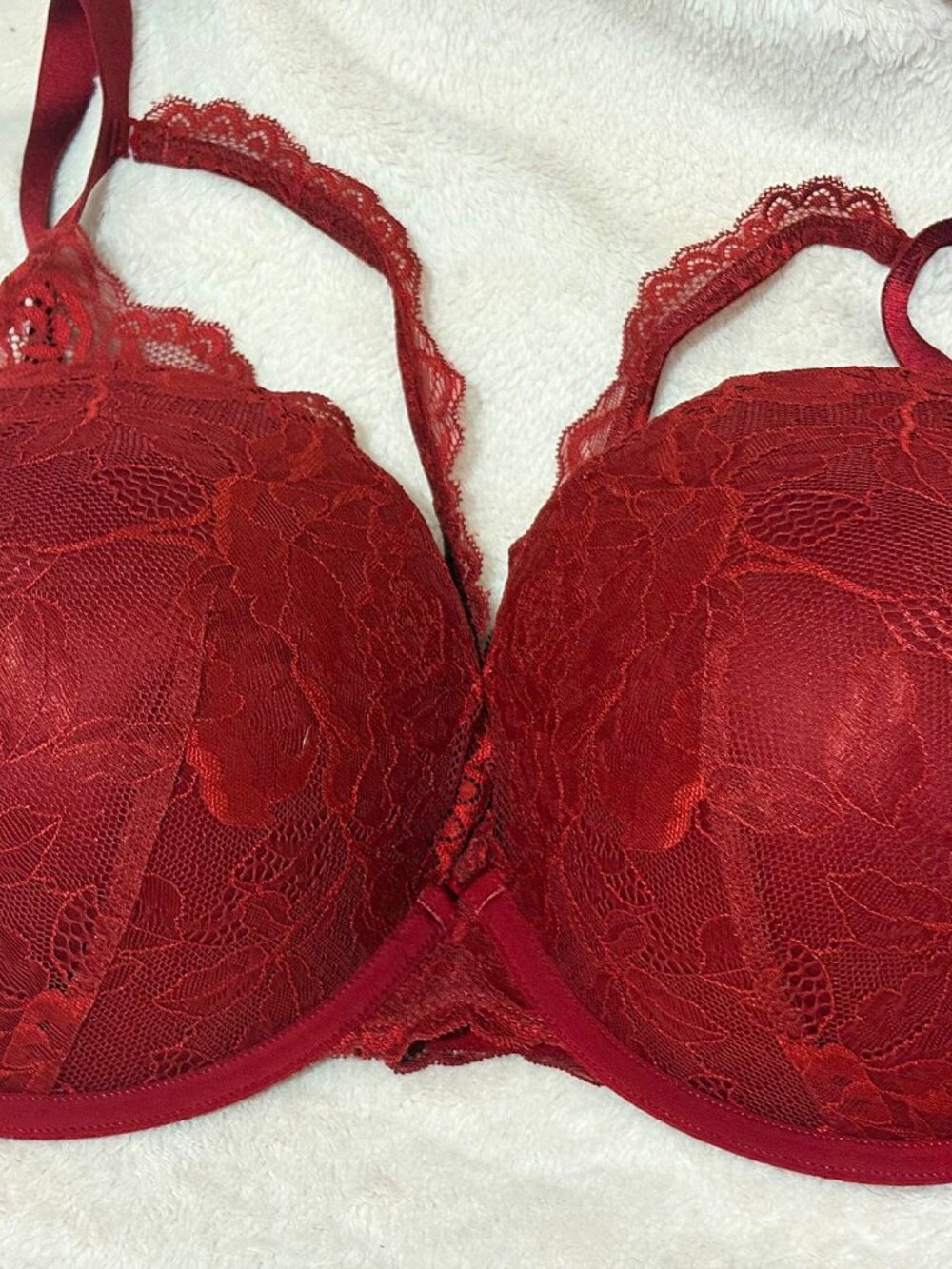 Torrid Curve 44DD Push Up Plunge Floral Lace Dark Red Strappy Underwire